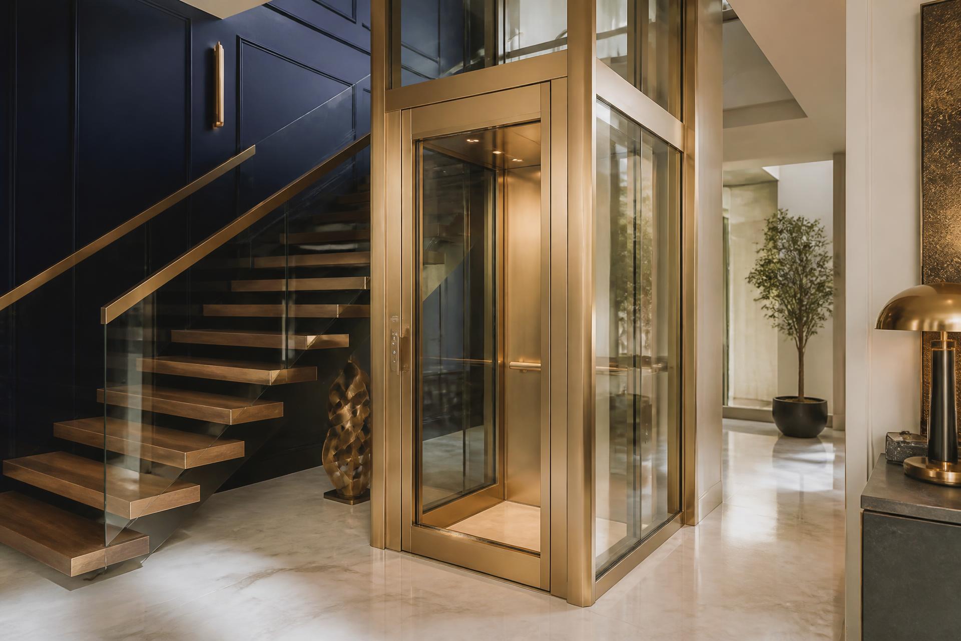 Compact luxury elevator with glass and champagne-gold frame inside a modern villa